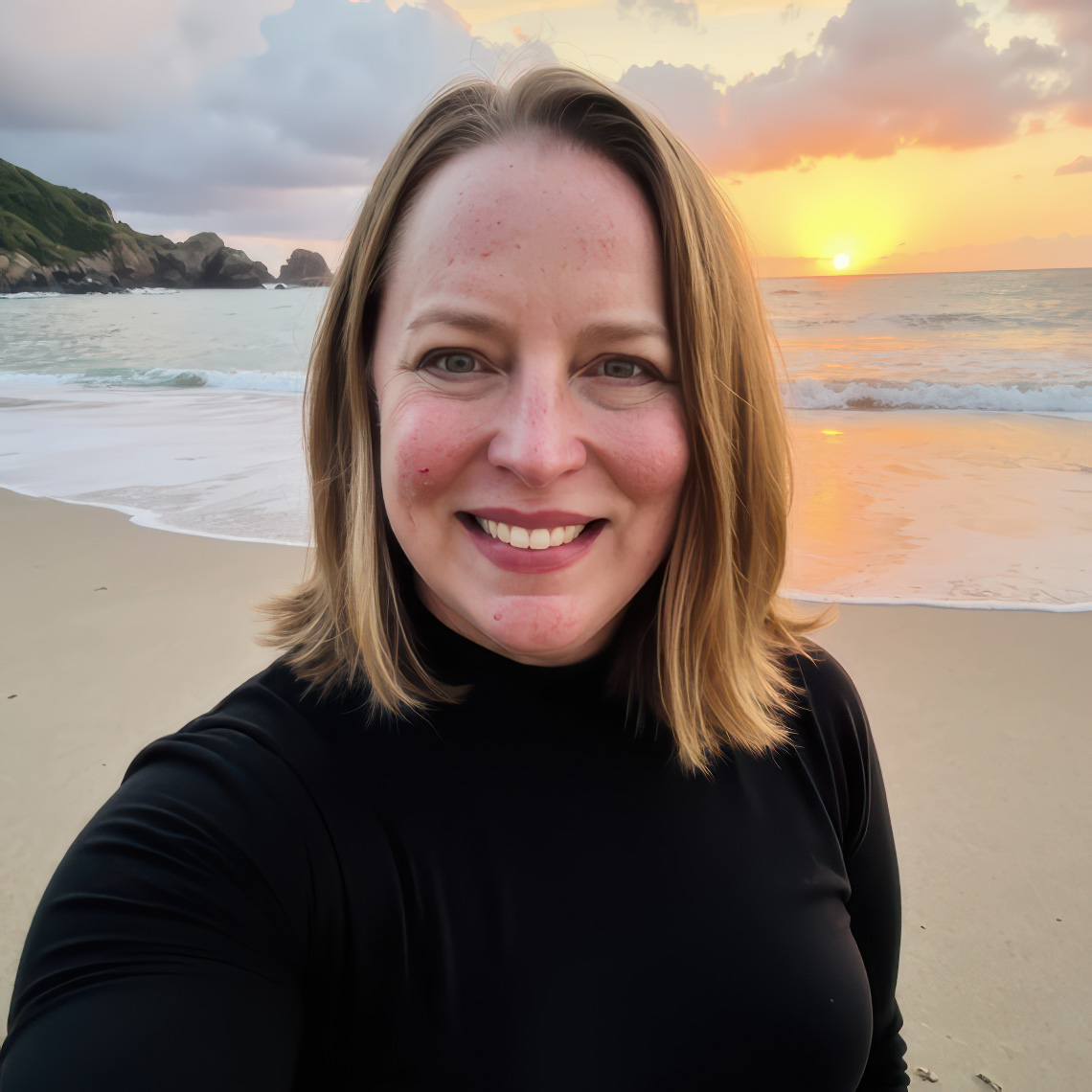 laura cartwright she/her has shoulder length blonde hair and is wearing a black turtleneck. she is standing on the beach with a sunset in the background