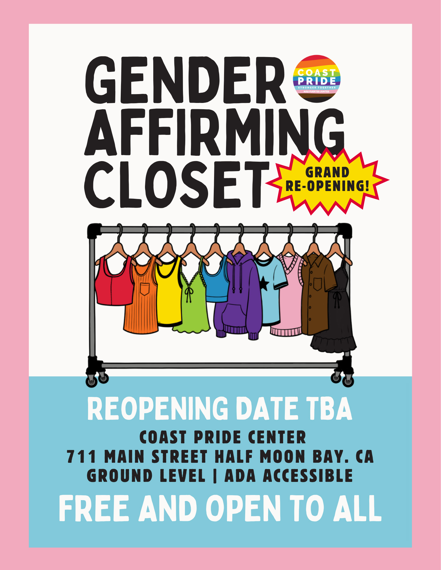 pink and blue flyer featuring a cartoon of a clothing rack with items in rainbow colors