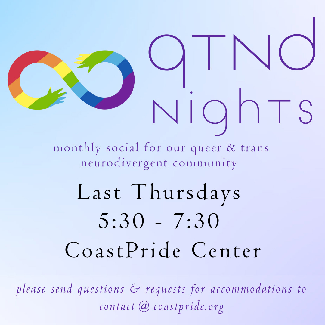 group info on a lavender background with an infinity symbol made of rainbow colors