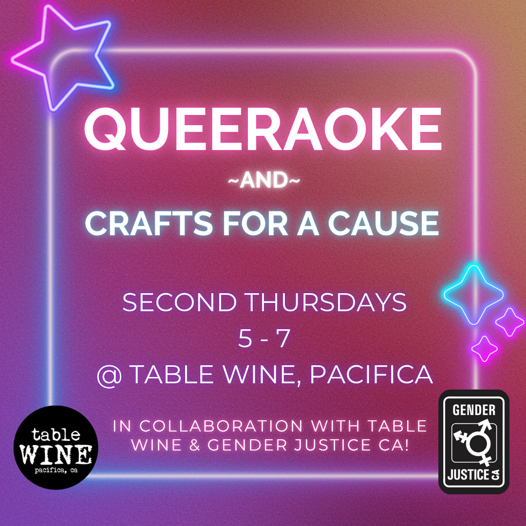 neon-style graphicon a maroon backgroup with group info and table wine and gender justice logos