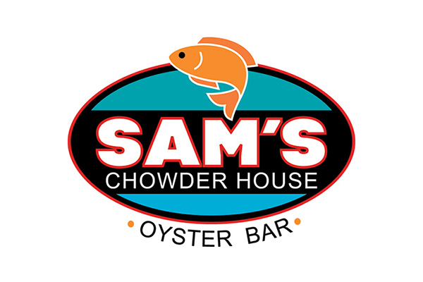 sam's chowderhoe logo features an orange fish over the type