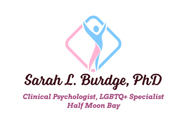 sarah burdge logo features an icon of a person raising their arms done in the colors of the trans flag