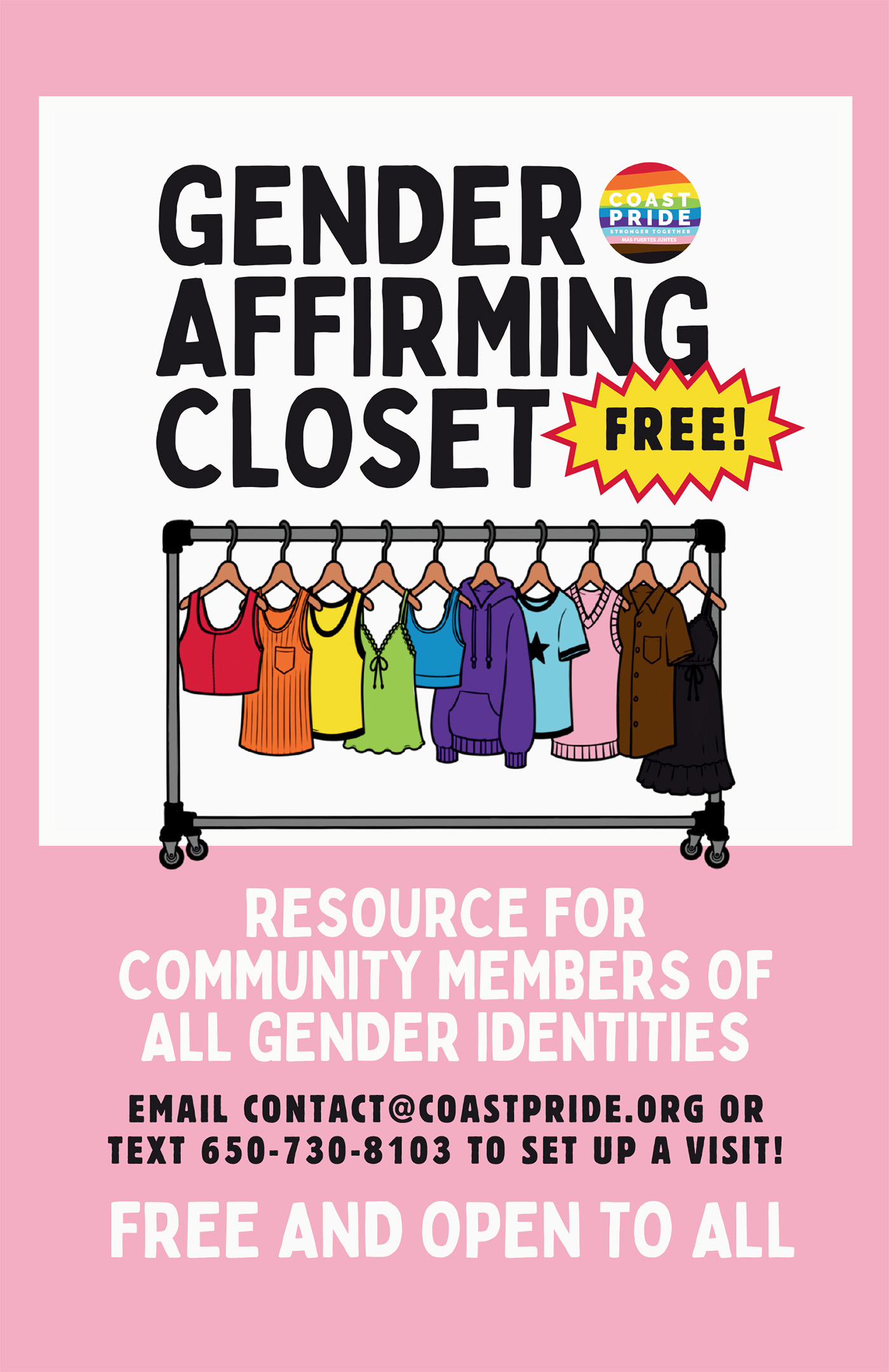 pink and blue flyer featuring a cartoon of a clothing rack with items in rainbow colors