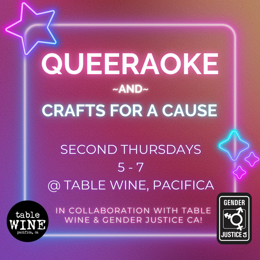 neon-style graphicon a maroon backgroup with group info and table wine and gender justice logos