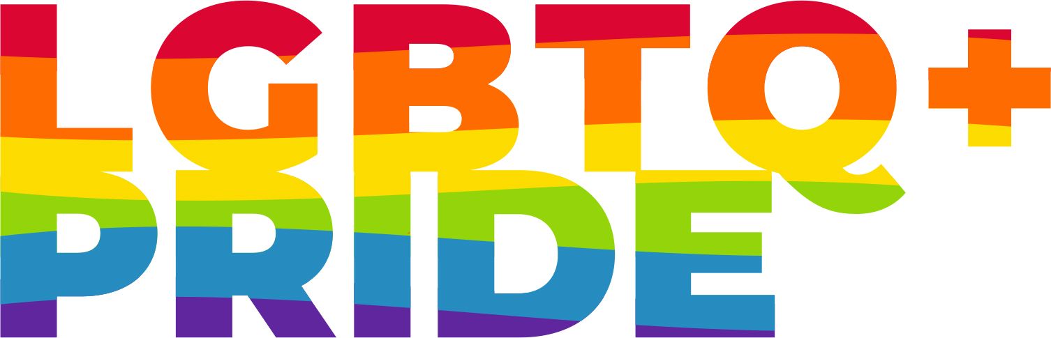 LGBTQ+ Pride in bold type and rainbow stripes